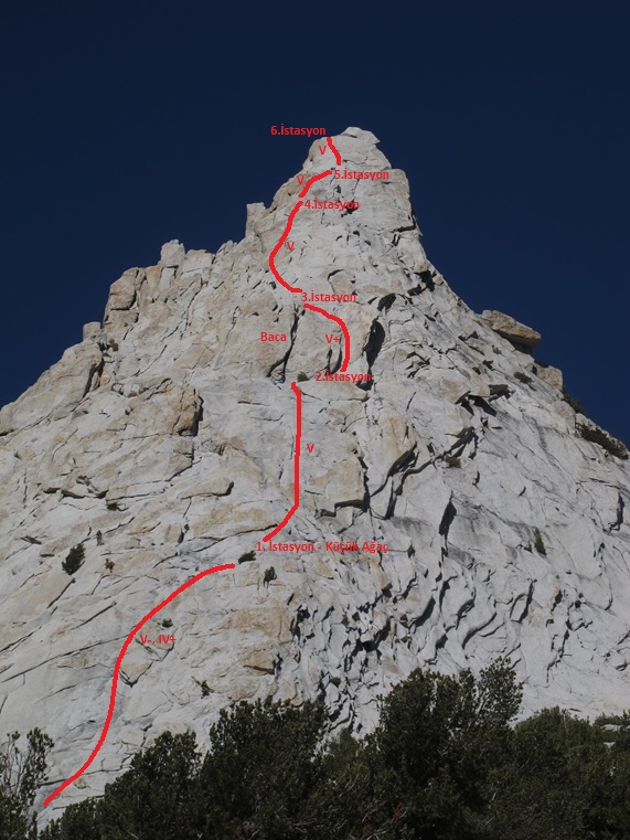 Cathedral Peak Güney Doğu Yüzü ve C varyantı üzerinde tırmanılan hat